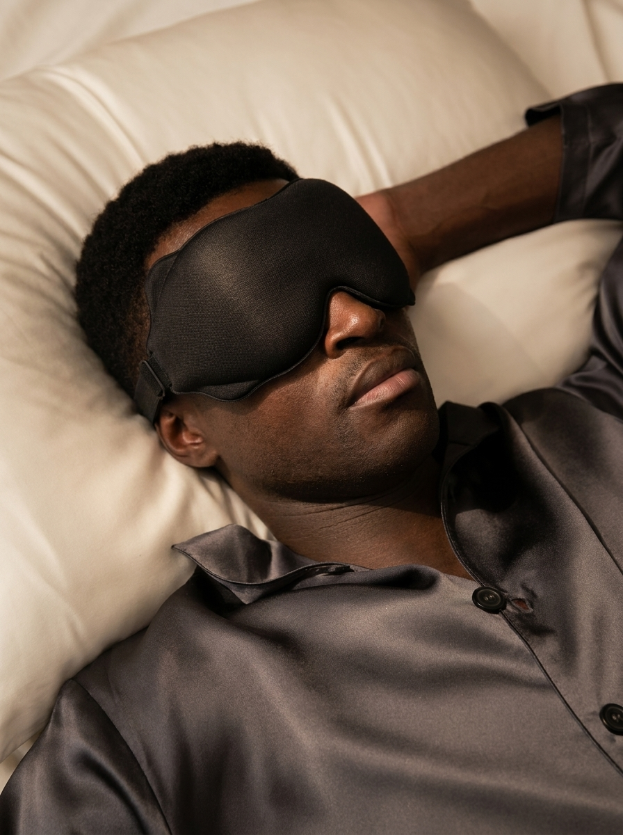 Man sleeping peacefully on his back wearing the black nocta 3D sleep mask on a white pillow
